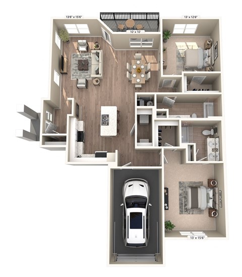 a stylized floor plan of a house with a car